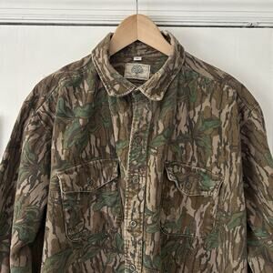 Vintage Mossy Oak Chamois Flannel Men's XL Button Up Long Sleeve Green Leaf USA